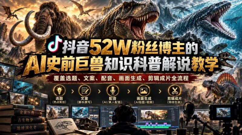 抖音52W粉丝博主的AI史前巨兽知识科普解说教学,覆盖选题、文案、配音、画面生成、剪辑成片全流程 三零资源-三零资源