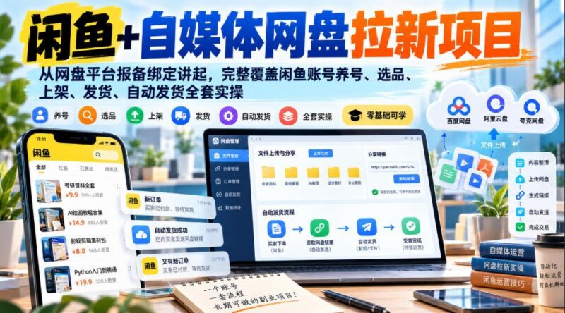 闲鱼+自媒体网盘拉新项目,从网盘平台报备绑定讲起,完整覆盖闲鱼账号养号、选品、上架、发货、自动发货全套实操 三零资源-三零资源