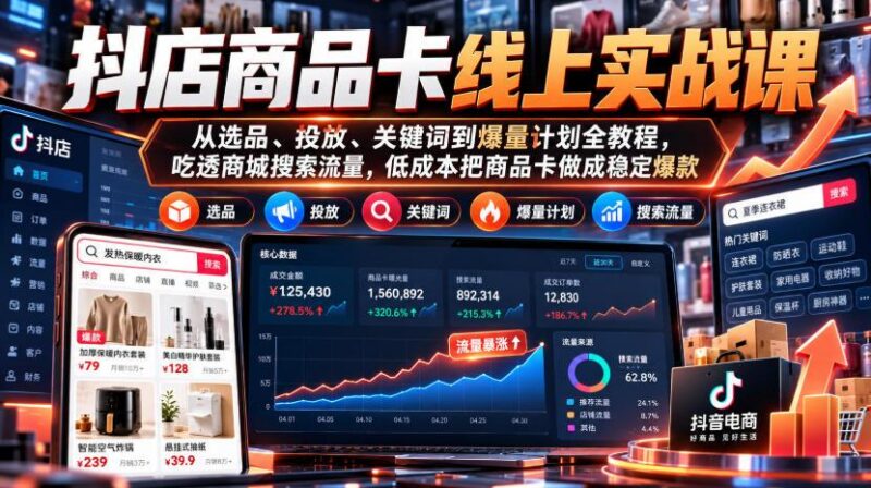 抖店商品卡线上实战课｜从选品、投放、关键词到爆量计划全教程，吃透商城搜索流量，低成本把商品卡做成稳定爆款 三零资源-三零资源