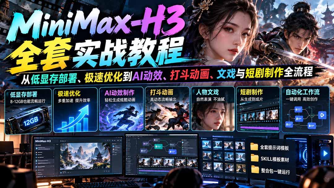 MiniMax-H3全套实战教程:从低显存部署、极速优化到AI动效、打斗动画、文戏与短剧制作全流程