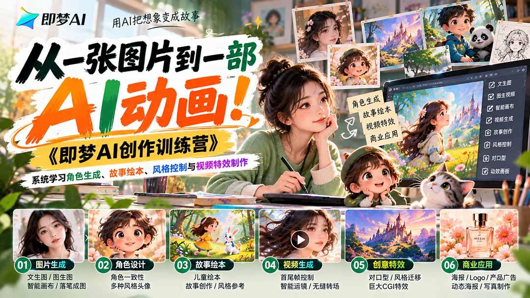 【无水印】从一张图片到一部AI动画！《即梦AI创作训练营》系统学习角色生成、故事绘本、风格控制与视频特效制作