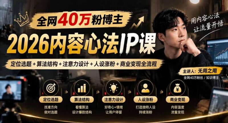 【无水印】全网40W粉博主的2026内容心法IP课，定位选题+算法结构+注意力设计+人设涨粉+商业变现全流程-三零资源