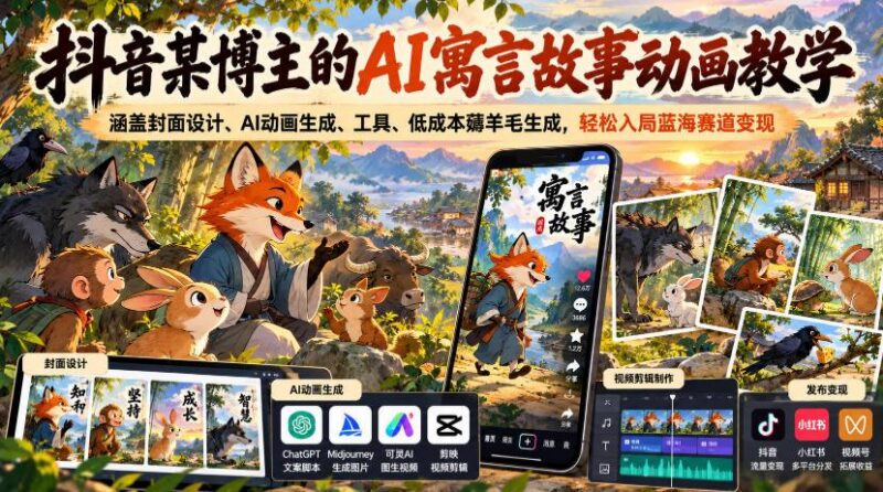 抖音某博主的AI寓言故事动画教学,涵盖封面设计、AI动画生成、工具、低成本薅羊毛生成,轻松入局蓝海赛道变现-三零资源