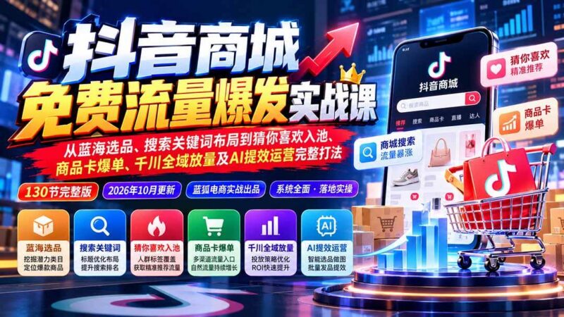 抖店城免费流量爆发实战-更新：蓝海选品、搜索关键词布局到猜你喜欢入池、商品卡爆单、千川全域放量及AI提效完整打法 三零资源-三零资源