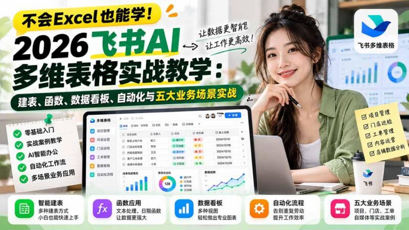 不会Excel也能学！2026飞书AI多维表格实战教学：建表、函数、数据看板、自动化与五大业务场景实战-三零资源