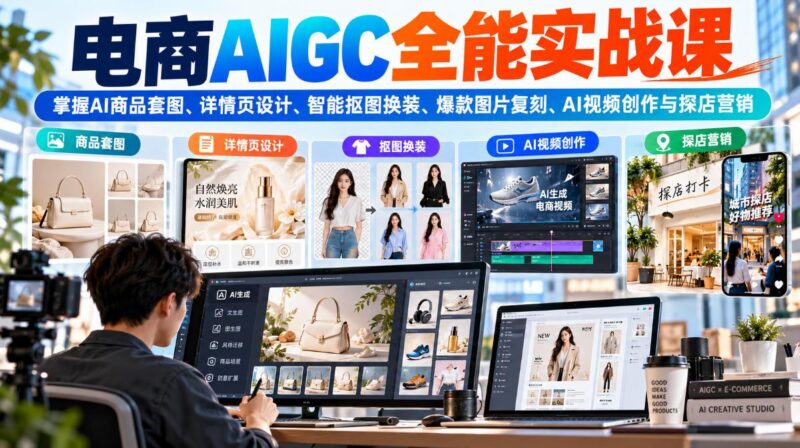 电商AIGC全能实战课：掌握AI商品套图、详情页设计、智能抠图换装、爆款图片复刻、AI视频创作与探店营销 三零资源-三零资源