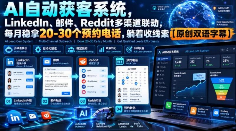 【无水印】AI自动获客系统,LinkedIn、邮件、Reddit多渠道联动,每月稳拿20-30个预约电话,躺着收线索【原创双语字幕】 三零资源-三零资源