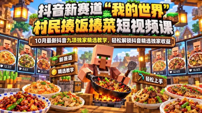 抖音新赛道“我的世界”村民揍饭揍菜短视频课,10月最新抖音九项独家精选教学,轻松解锁抖音精选独家收益 三零资源-三零资源