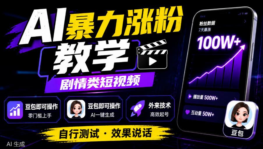 AI暴力涨粉教学，剧情类短视频，豆包即可操作，外来技术，自行测试