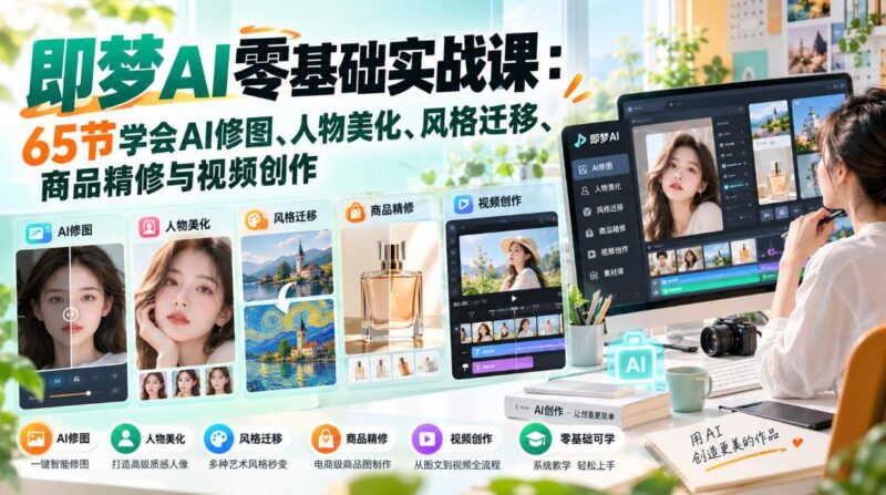 即梦AI零基础实战课：65节学会AI修图、人物美化、风格迁移、商品精修与视频创作 三零资源-三零资源