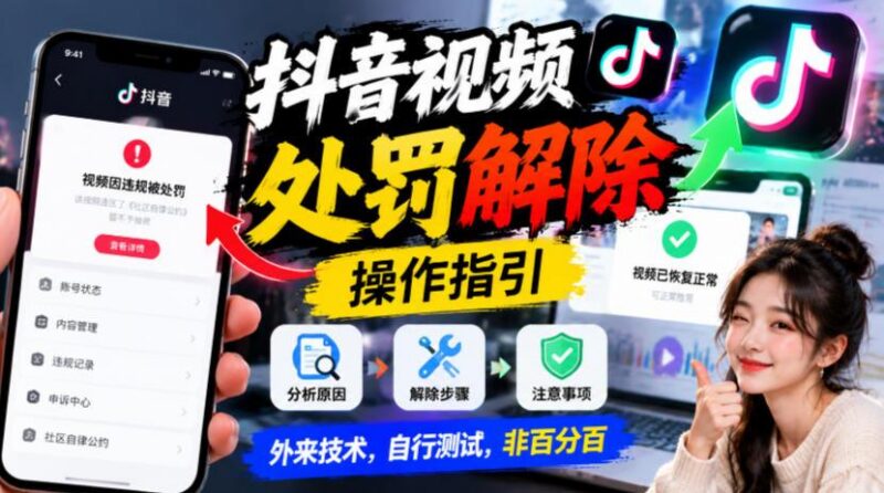 抖音视频处罚解除操作指引，外来技术，自行测试，非百分百-三零资源