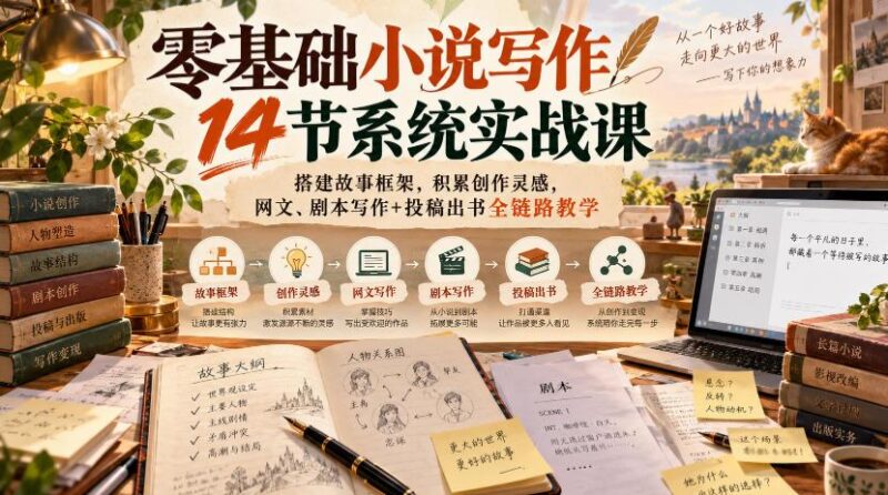 零基础小说写作14节系统实战课,搭建故事框架,积累创作灵感,网文、剧本写作+投稿出书全链路教学 三零资源-三零资源