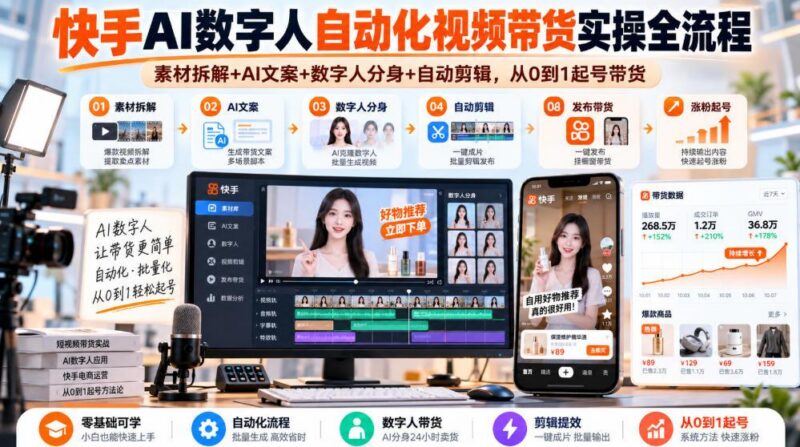 快手AI数字人自动化视频带货实操全流程｜素材拆解+AI文案+数字人分身+自动剪辑，从0到1起号带货（更新26年） 三零资源-三零资源