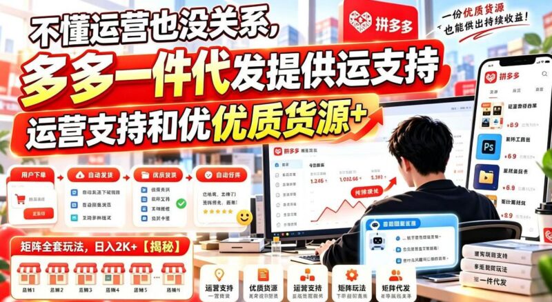 不懂运营也没关系，多多一件代发提供运营支持和优质货源，矩阵全套玩法，日入2K+【揭秘】