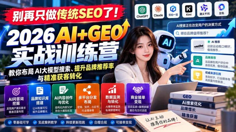 别再只做传统SEO了!《2026AI+GEO实战训练营》教你布局AI大模型搜索、提升品牌推荐率与精准获客转化 三零资源-三零资源