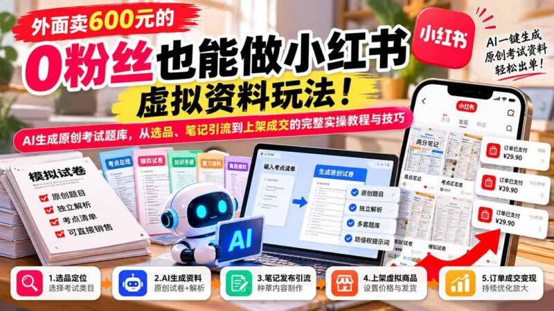 外面卖600元的 零粉丝也能做小红书虚拟资料玩法!AI生成原创考试题库,从选品、笔记引流到上架成交的完整实操教程 三零资源-三零资源