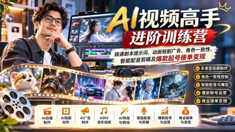 AI视频高手进阶训练营：精通剧本提示词、动画短剧广告、角色一致性、智能配音剪辑及爆款起号接单变现 三零资源-三零资源