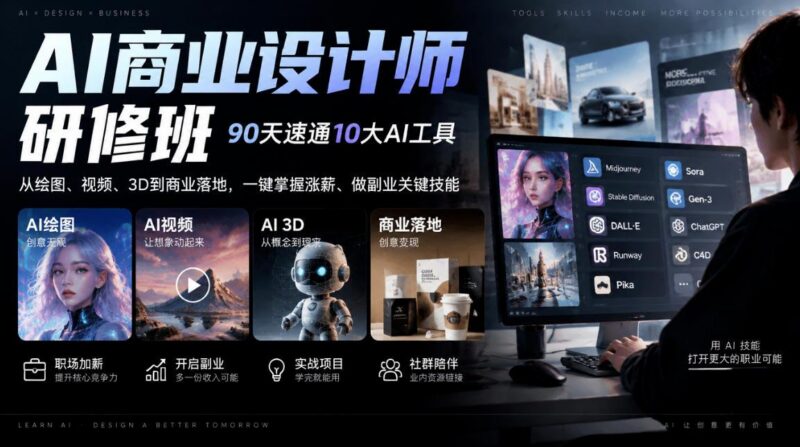 AI商业设计师研修班,90天速通10大AI工具,从绘图、视频、3D到商业落地,一键掌握涨薪、做副业关键技能 三零资源-三零资源
