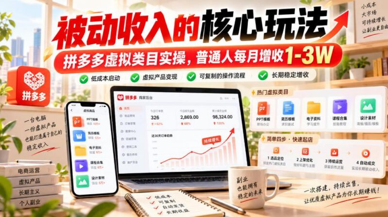 被动收入的核心玩法,拼多多虚拟类目实操,普通人每月增收1-3W【揭秘】 三零资源-三零资源