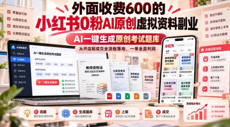 外面收费600的小红书0粉AI原创虚拟资料副业,AI一键生成原创考试题库,从开店到成交全流程落地,一单全是利润 三零资源-三零资源