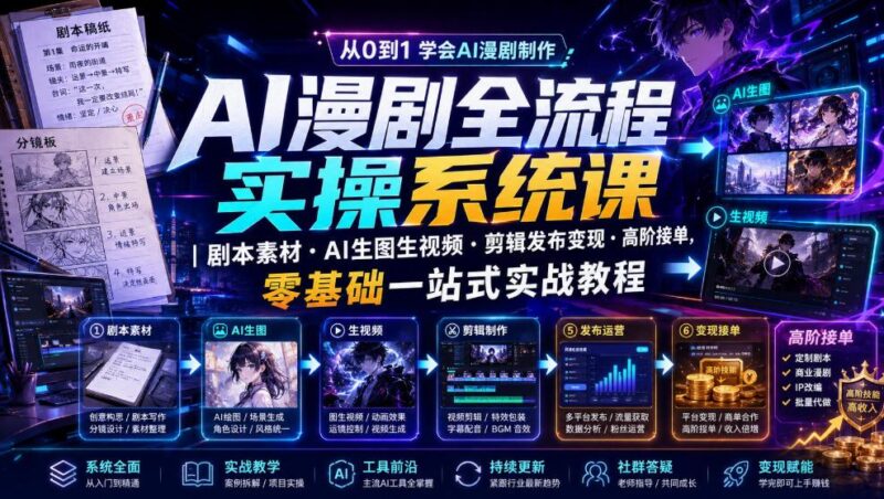 AI漫剧全流程实操系统课｜剧本素材・AI生图生视频・剪辑发布变现・高阶接单，零基础一站式实战教程(更新1027)