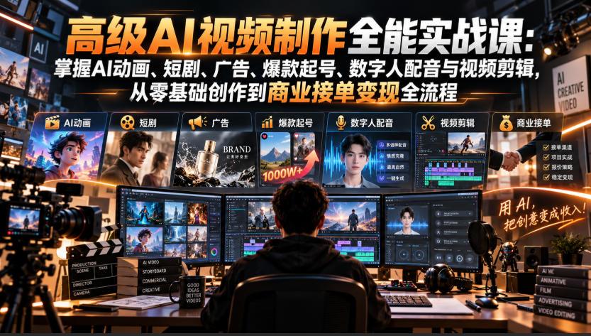 高级AI视频制作全能实战课：掌握AI动画、短剧、广告、爆款起号、数字人配音与视频剪辑，从零基础创作到商业接单变现全流程