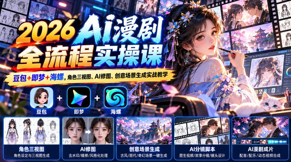 【无水印】2026 AI漫剧全流程实操课|豆包+即梦+海螺,角色三视图、AI修图、创意场景生成实战教学