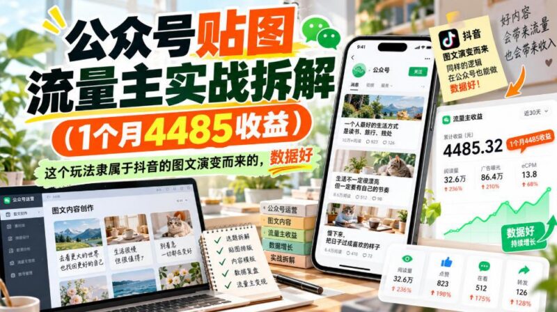 公众号贴图流量主实战拆解(1个月4485收益)，这个玩法隶属于抖音的图文演变而来的，数据好 三零资源-三零资源