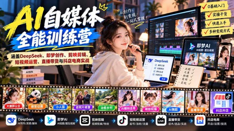 【无水印】AI+自媒体全能训练营:涵盖DeepSeek、即梦创作、剪映剪辑、短视频运营、直播带货与抖店电商实战 三零资源-三零资源