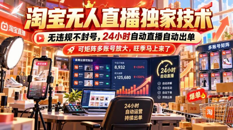 淘宝无人直播独家技术,无违规不封号,24小时自动直播自动出单,可矩阵多账号放大,旺季马上来了【揭秘】 三零资源-三零资源