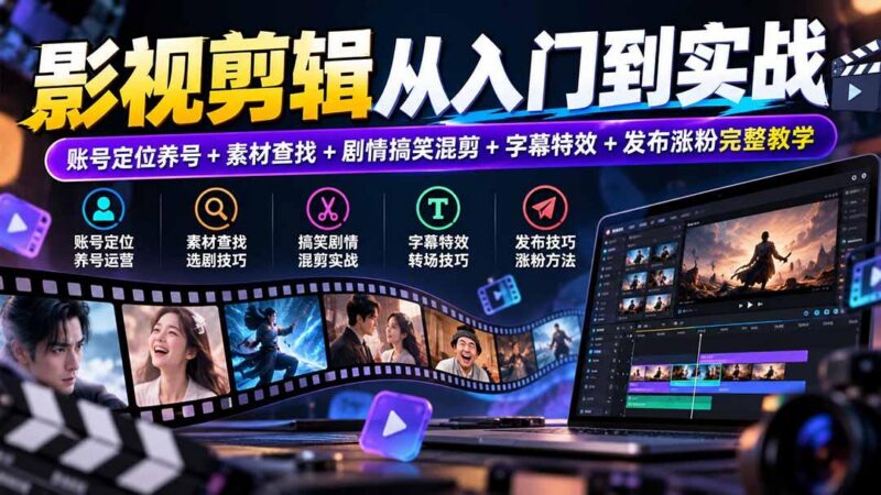 影视剪辑从入门到实战:账号定位养号+素材查找+剧情搞笑混剪+字幕特效+发布涨粉完整教学-三零资源