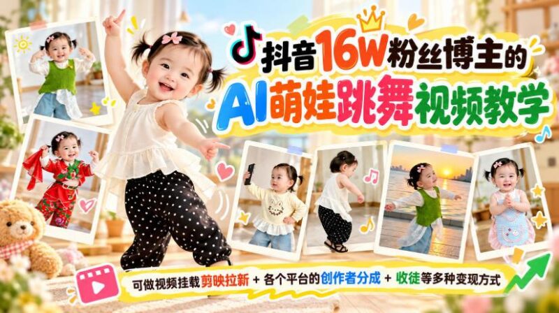 抖音16W粉丝博主的AI萌娃跳舞视频教学,可做视频挂载剪映拉新+各个平台的创作者分成+收徒等多种变现方式,单月1W+ 三零资源-三零资源