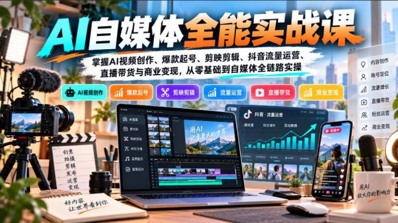 【无水印】AI自媒体全能实战课,掌握AI视频创作、爆款起号、剪映剪辑、抖音流量运营、直播带货与商业变现,从零基础到自媒体全链路实操 三零资源-三零资源