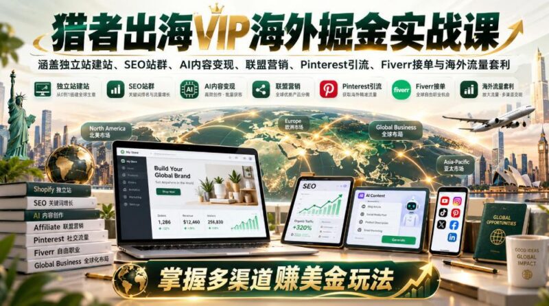 猎者出海VIP海外掘金实战课:涵盖独立站、SEO站群、AI变现、联盟营销、Pinterest引流、Fiverr接单与海外流量套利,掌握多渠道賺美金玩法 三零资源-三零资源