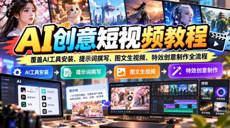 AI创意短视频教程,覆盖AI工具安装、提示词撰写、图文生视频、特效创意制作全流程 三零资源-三零资源