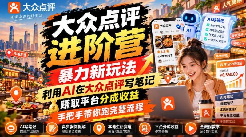 大众点评进阶营,暴力新玩法,利用AI在大众点评写笔记, 賺取平台分成收益,手把手带你跑完整流程-三零资源