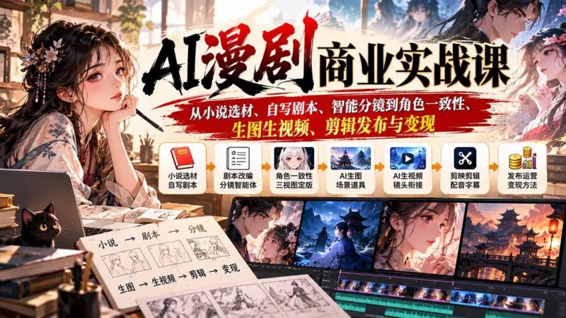 AI漫剧商业实战课:从小说选材、自写剧本、智能分镜到角色一致性、生图生视频、剪辑发布与变现-三零资源