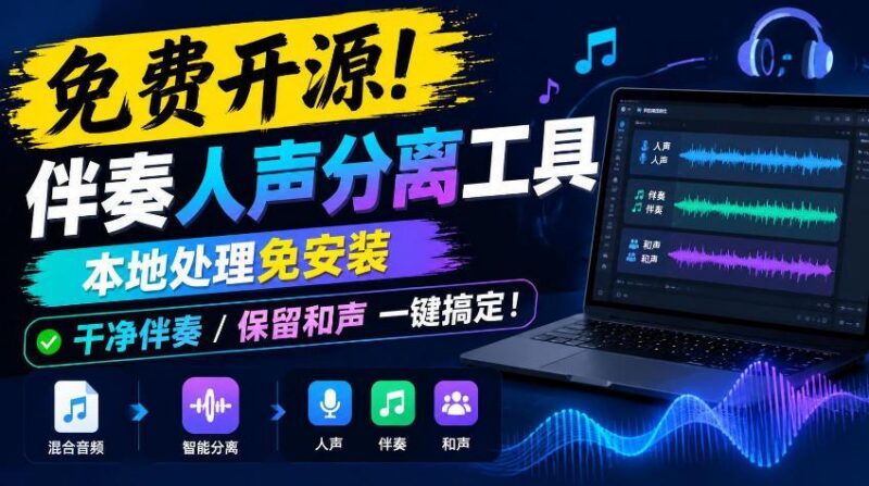 免费开源!伴奏人声分离工具,本地处理免安装,干净伴奏,保留和声一键搞定!-三零资源