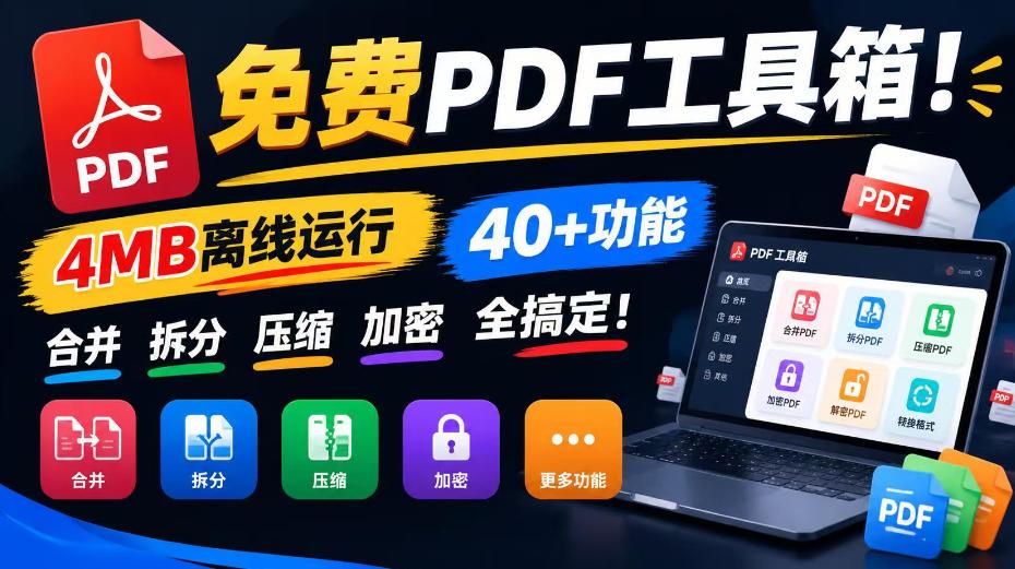 免费PDF工具箱！4MB离线运行，40+功能，合并拆分压缩加密全搞定！