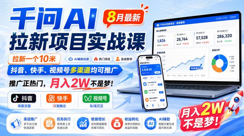 千问AI拉新项目实战课8月最新,拉新一个10米,抖音、快手、视频号多渠道均可推广,推广正热门,月入2W不是梦!(更新1028)