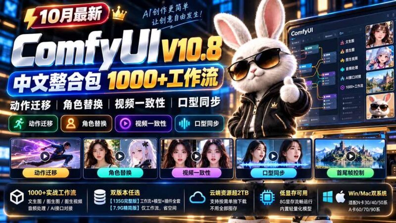 10月最新ComfyUI V10.8中文整合包 1000+工作流 动作迁移 角色替换 视频一致性 口型同步 低显存可用-三零资源
