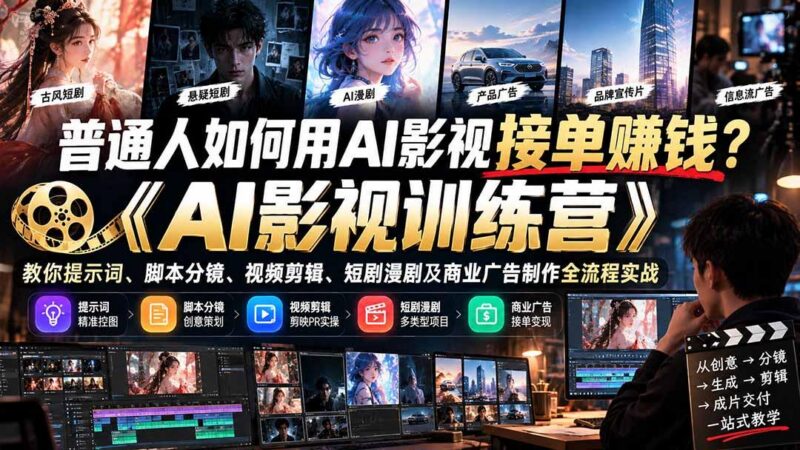 普通人如何用AI影视接单赚钱?《AI影视训练营》教你提示词、脚本分镜、视频剪辑、短剧漫剧及商业广告制作全流程实战-三零资源