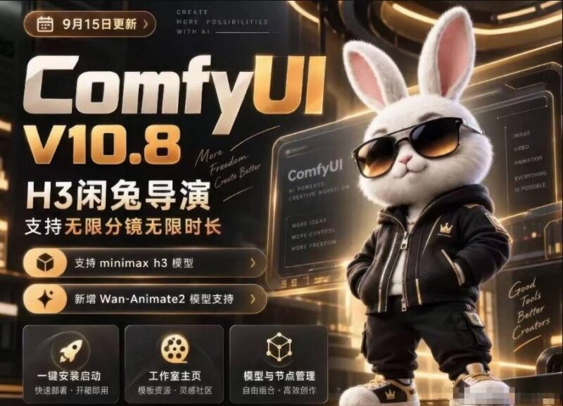 ComfyUI V10.8中文整合包,H3闲兔导演,支持无限分镜无限时长,1000+工作流,动作迁移,角色替换,视频一致性,口型同步,低显存可用-三零资源