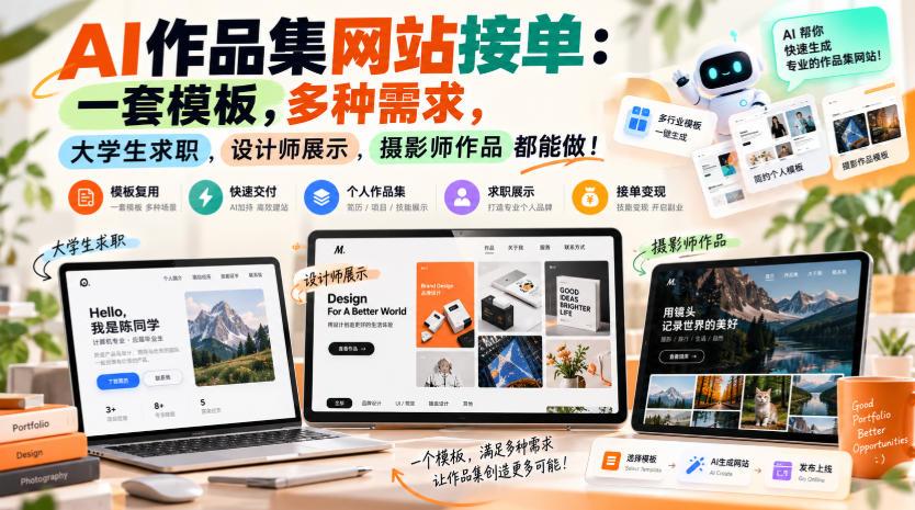 AI作品集网站接单:一套模板,多种需求,大学生求职、设计师展示、摄影师作品都能做!