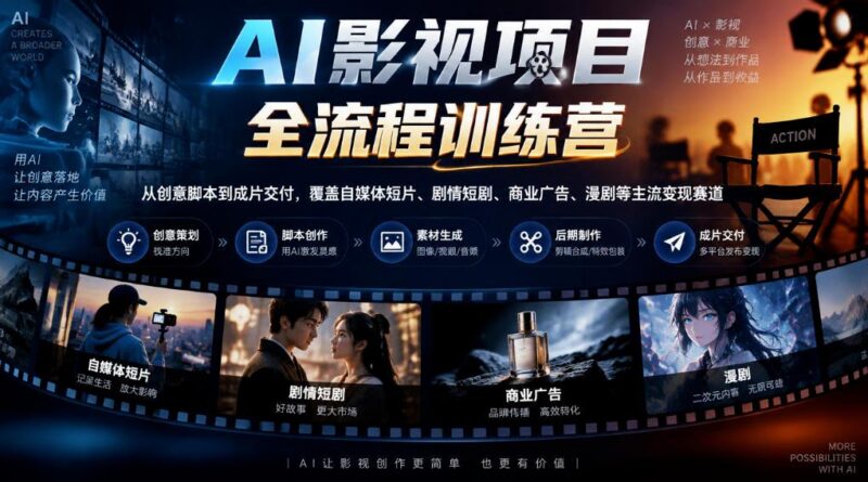AI影视项目全流程训练营，从创意脚本到成片交付，覆盖自媒体短片、剧情短剧、商业广告、漫剧等主流变现赛道-三零资源