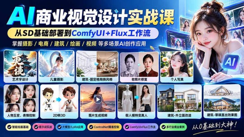 【无水印】AI商业视觉设计实战课:从SD基础部署到ComfyUI+Flux工作流,掌握摄影电商建筑AI创作-三零资源