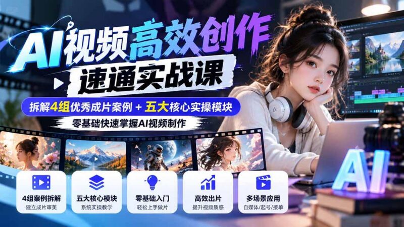 【无水印】AI视频高效创作速通实战课：拆解4组优秀成片案例+五大核心实操模块，零基础快速掌握AI视频制作-三零资源