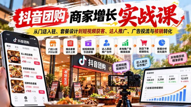 抖音团购商家增长实战课：从门店入驻、套餐设计到短视频获客、达人推广、广告投流与核销转化-三零资源