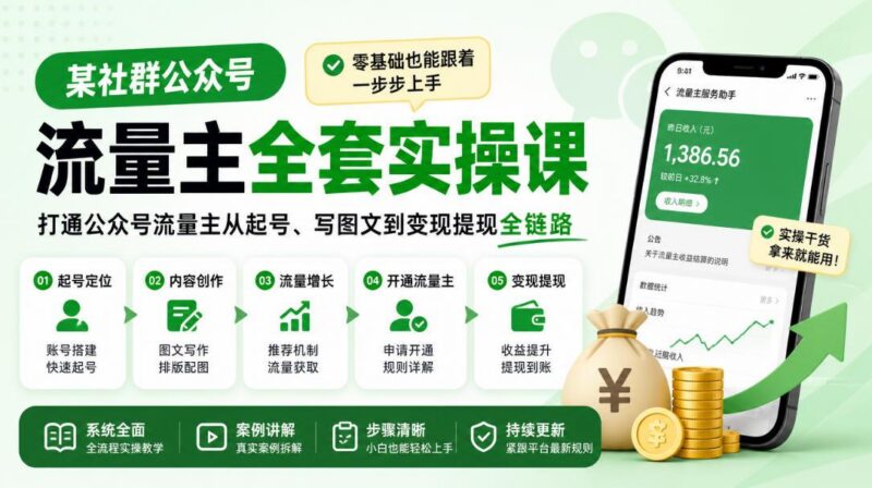 某社群公众号流量主全套实操课，零基础也能跟着一步步上手，打通公众号流量主从起号、写图文到变现提现全链路-三零资源