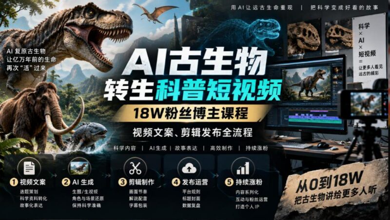 AI古生物转生科普短视频,18W粉丝博主课程,视频文案、剪辑发布全流程 三零资源-三零资源